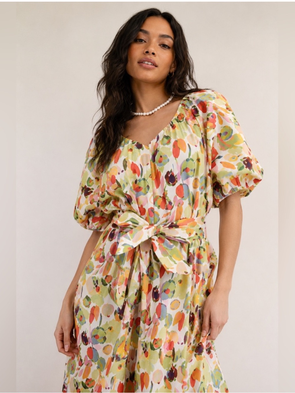 Easel Floral Watercolor Puff-Sleeve Midi Dress - Multi